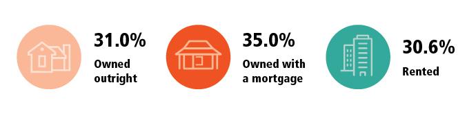 Image of three different types of dwellings and information about tenure. 1: 31% owned outright. 2: 35% owned with a mortgage. 3: 30.6% rented.